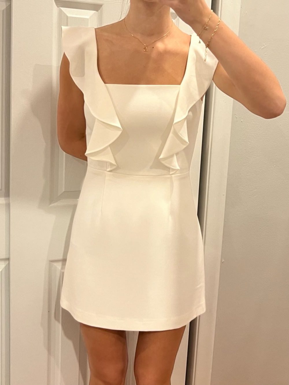 French Connection White Ruffle-Trim Square-Neck Mini Dress